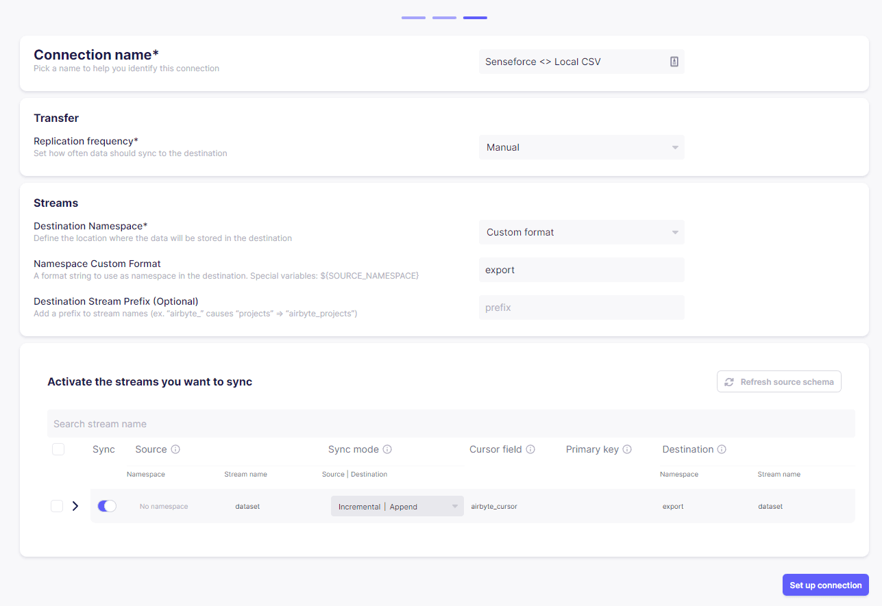 Airbyte Senseforce to Local CSV connection configuration