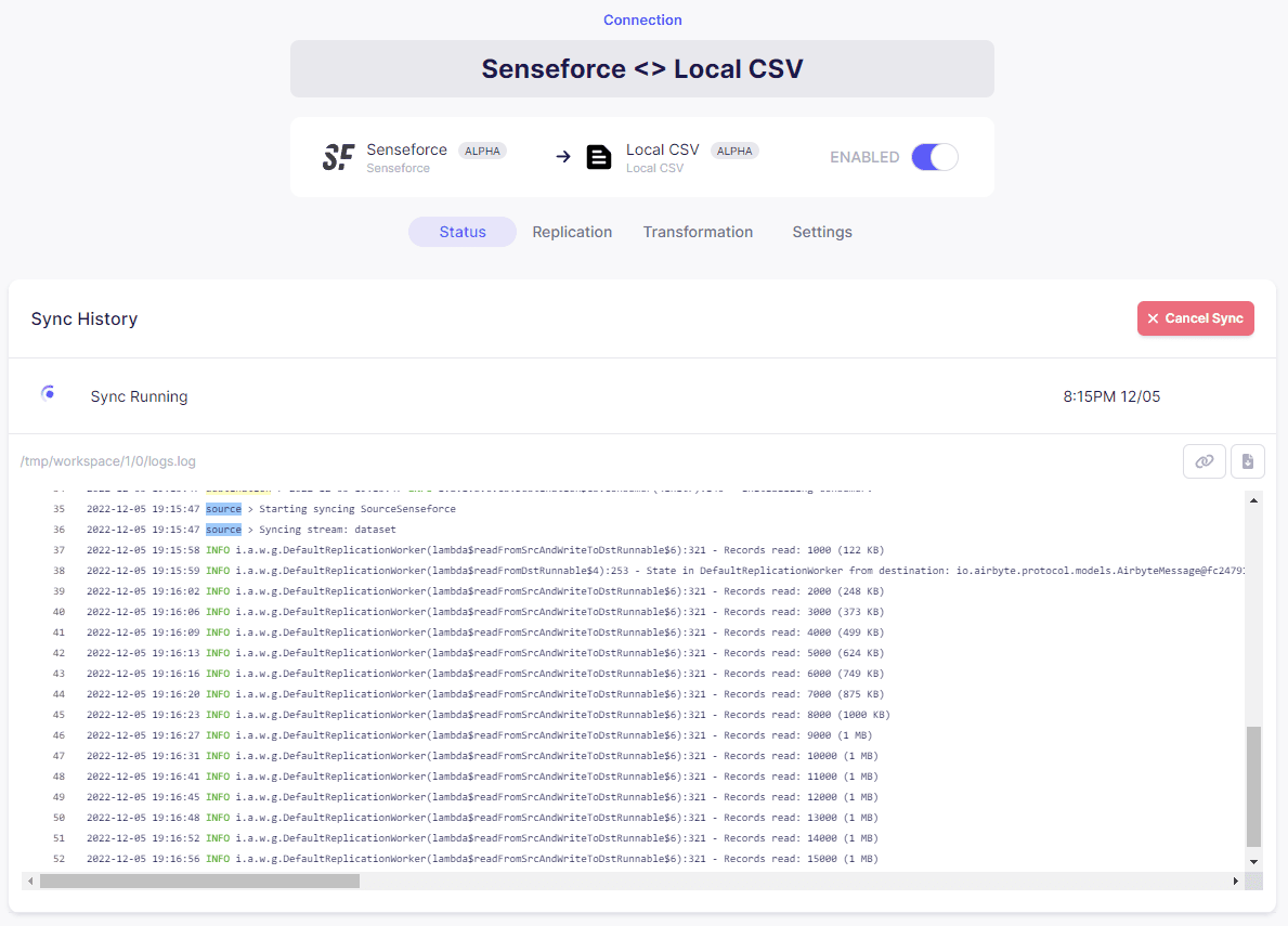 Airbyte sync logs